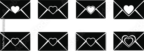 Collection of eight black envelopes with various white heart designs, symbolizing love letters and romance