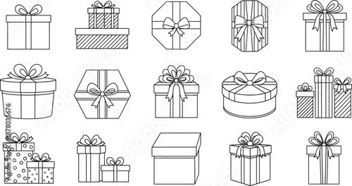 A diverse collection of outline gift boxes with bows, perfect for celebrations and holidays