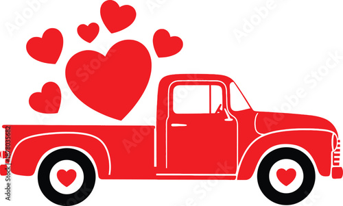Red vintage pickup truck delivering a payload of hearts for valentine's day celebration