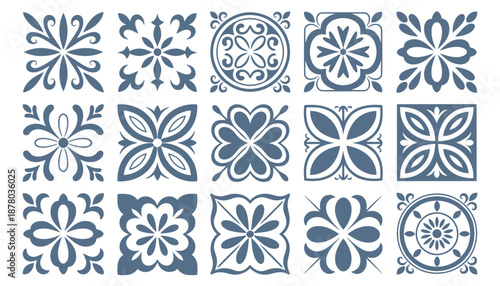 Mediterranean ceramic tile pattern collection, set of ornamental vector templates, intricate decorative motifs, isolated on white background, traditional geometric and floral design elements 