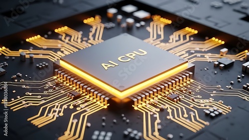 Close up of ai cpu microchip with golden circuits on dark background with technology