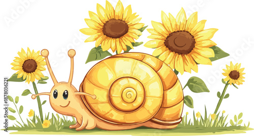 A cute cartoon illustration of a small snail with a spiral shell crawling on a garden flower in a green meadow under the sun