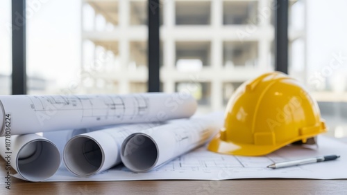 Engineering blueprints hard hat laid on desk with blurred background of building construction site