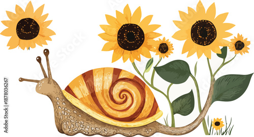 A vibrant summer vector illustration of a cute cartoon snail with a spiral shell crawling on a bright yellow sunflower petal in a beautiful floral garden nature scene