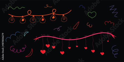 colorful heart garland and string lights doodle on black background, neon romantic heart hanging garland line art illustration, decorative love garland and swirl doodles colorful vector