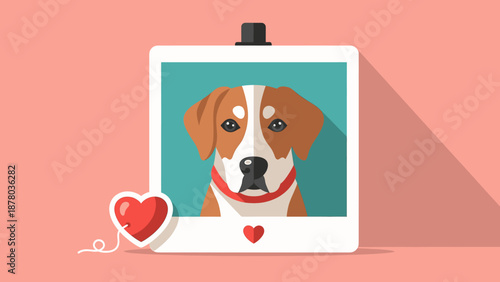 Dog portrait in a camera frame with heart decoration on a pink background vector illustration