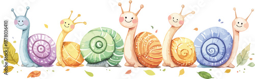 A cute cartoon snail character with a funny smile and a colorful shell crawls through a nature flower garden to deliver a happy easter card with eggs in this vector illustration art