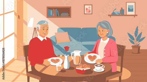 Elderly couple enjoying breakfast together in a cozy living room with warm atmosphere and soft lighting.