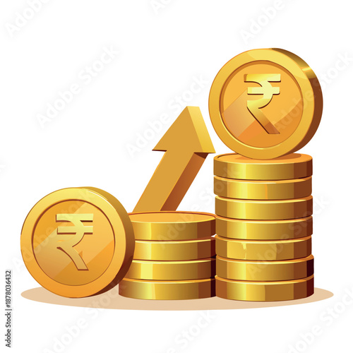 Stacks of shiny gold coins with the rupee symbol,