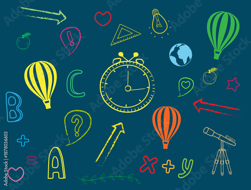 hand drawn colorful chalk educational doodles set with alarm-clock and air balloons on harbor background