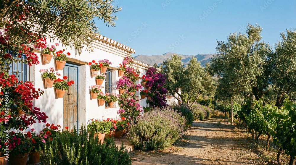 Fototapeta premium A house surrounded by colorful flowers and lush plants in the front yard, creating a vibrant and inviting atmosphere