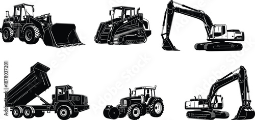 Set of Six Heavy Machinery Silhouettes for Construction and Agriculture, Isolated Industrial Equipment Icons Featuring Loaders, Excavators, Tractor, and Dump Truck