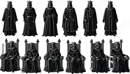 Medieval king illustrations set featuring crowned royalty in robes and thrones, perfect for fantasy, history, storytelling, and branding themes.