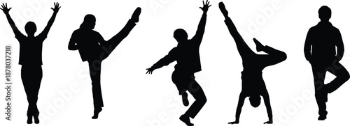 Set of five black human silhouettes in dynamic poses including dancing, kicking, jumping, and handstand, isolated vector illustration.