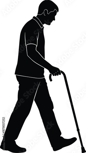 Silhouette of a person walking with a cane, representing mobility support, aging, rehabilitation, and healthcare assistance in profile view.