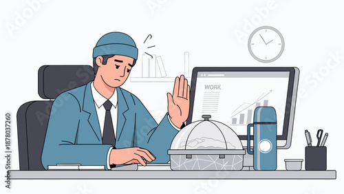 Man refusing a meal at his desk due to a busy work schedule illustration