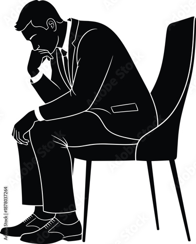 Silhouette of a formally dressed man sitting thoughtfully on a chair, isolated on white background for introspective themes.