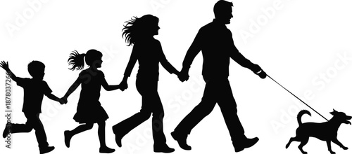 Silhouette of a family walking with children and dog, symbolizing outdoor bonding, companionship, unity, and leisure activity.