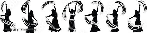 Silhouette of belly dancer performing with flowing veil in elegant poses, showcasing expressive movement, rhythm, and traditional dance artistry.