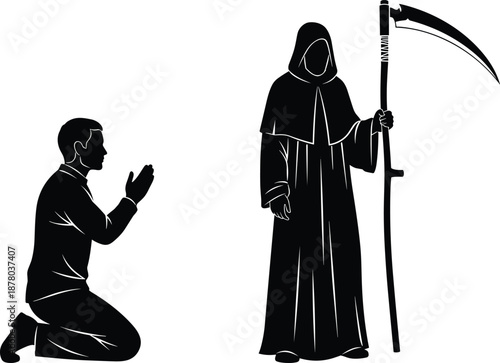 Silhouette of person kneeling and praying before death figure with scythe, symbolic vector art of mortality and despair