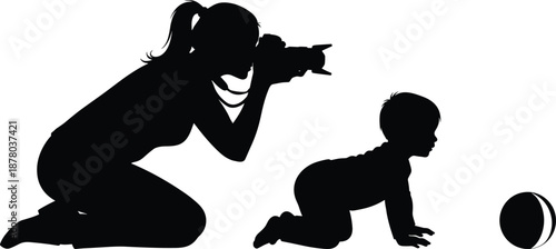 Silhouette of person photographing crawling baby reaching for ball, capturing candid family moment in black and white illustration
