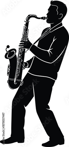 Silhouette of person playing saxophone with expressive posture, symbolizing musical passion, performance energy, and artistic sound.