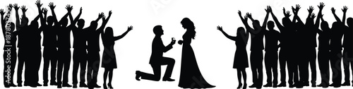 Silhouette of person proposing with ring to partner in dress, surrounded by cheering crowd celebrating romantic engagement moment
