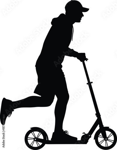 Silhouette of person riding kick scooter in motion, symbolizing urban mobility, recreation, youth activity, and alternative transportation.