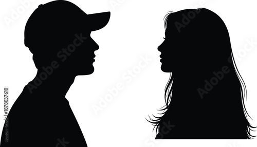 Silhouette of two people facing each other, one with baseball cap and one with long hair, symbolizing contrast and interaction.