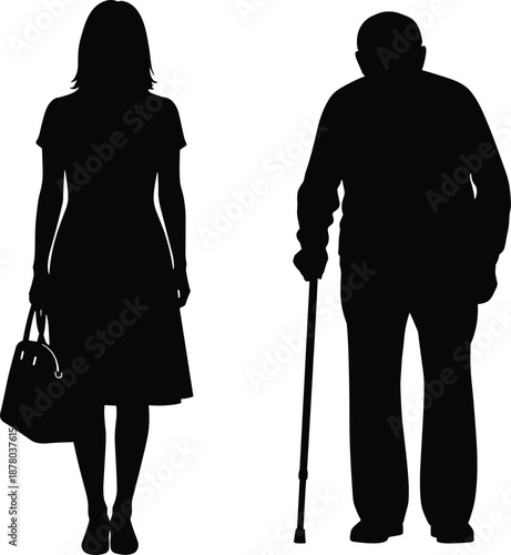 Silhouette of two individuals standing side by side, one with cane, symbolizing aging, mobility, support, and generational contrast.