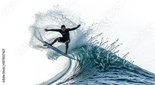 A surfer in a black wetsuit riding a wave with arms outstretched and water splashing around him outdoors