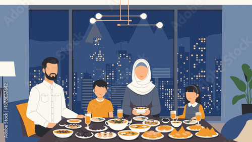Family gathering together for a meal in a dining room with a cityscape view at dusk