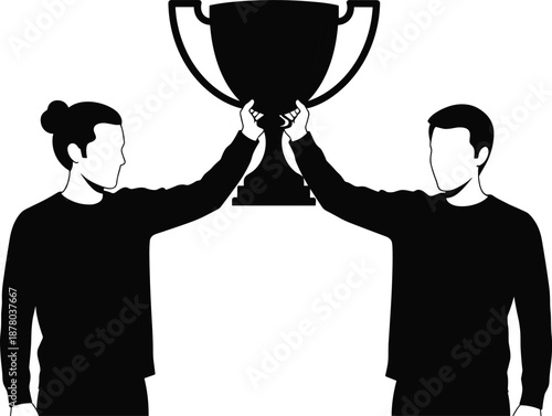Silhouette of Two Successful Men Holding a Large Trophy Together Celebrating Shared Victory Teamwork Achievement and Winning a Championship Sports or Business Competition
