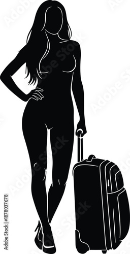 Silhouette of woman traveler with wheeled suitcase, symbolizing tourism, mobility, vacation, airport transit, and modern travel lifestyle.