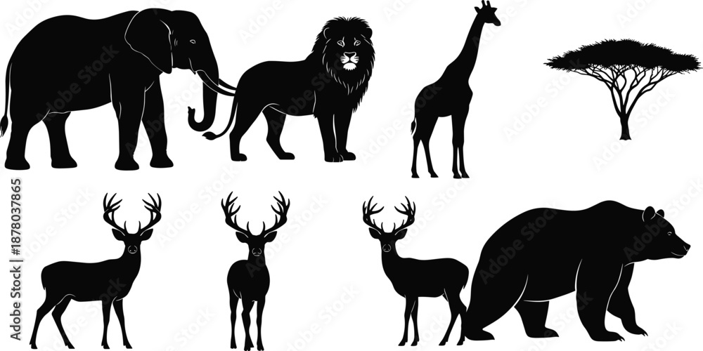 Fototapeta Silhouettes of African and North American Wildlife with Tree, Featuring Elephant