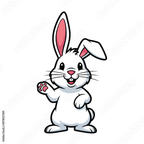 White rabbit standing on hind legs with one paw raised