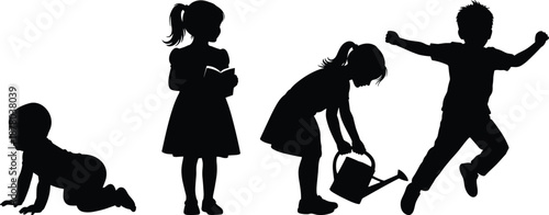 Silhouettes of children in different growth stages—crawling, reading, watering, and jumping—black and white vector art of childhood development