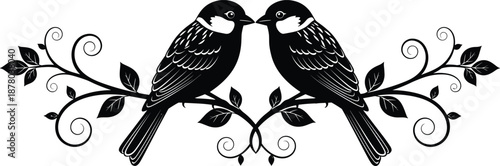 Symmetrical romantic bird silhouette perched on decorative vine with curling tendrils and leaves, elegant black and white vector illustration designWeb