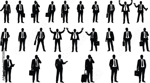 Silhouettes of businessmen in suits standing, walking, and talking on the phone, vector collection for corporate design.