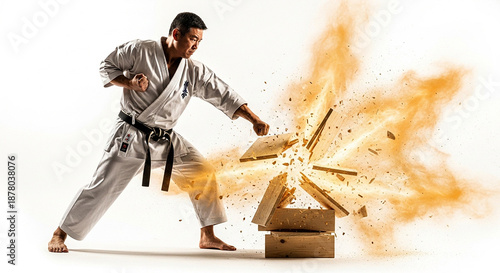 Man in karate uniform breaking wooden boards with a punch against a white studio background pose