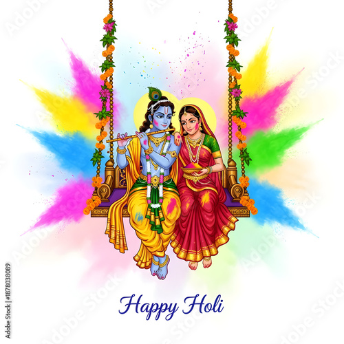 Holi radha krishna swing with colorful floral holi celebration