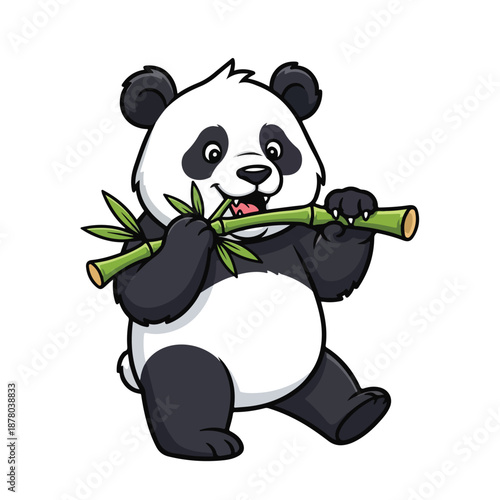 Cute panda bear holding bamboo stalk in mouth and paws standing