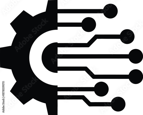 Abstract black and white icon depicting the integration of mechanical engineering principles with advanced digital technology circuits representing innovation and progress