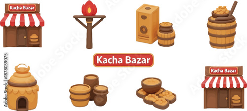 Kacha Bazar marketplace stalls and goods, traditional village shopping scene, rural commerce illustration