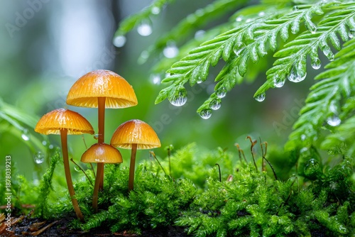 Wallpaper Mural Group of orange mushrooms growing in moss with raindrops Torontodigital.ca