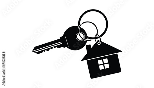 A house key with a house shaped keychain attached to it on a white background