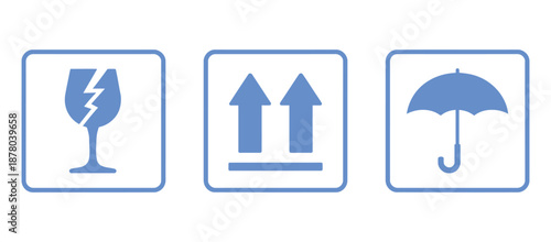 Minimal packaging symbol icon set, including fragile glass, handle with care, upward arrows, keep dry, and umbrella signs, vector illustrations for shipping labels, logistics, warehouse safety,