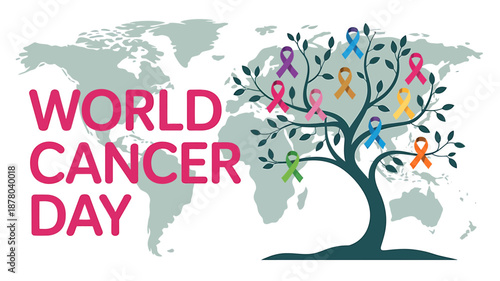 World cancer day poster with colorful ribbons on tree branches representing global unity against cancer
