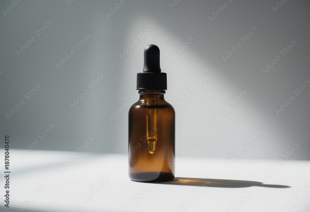 Fototapeta premium Amber glass dropper bottle with clear liquid against a light background