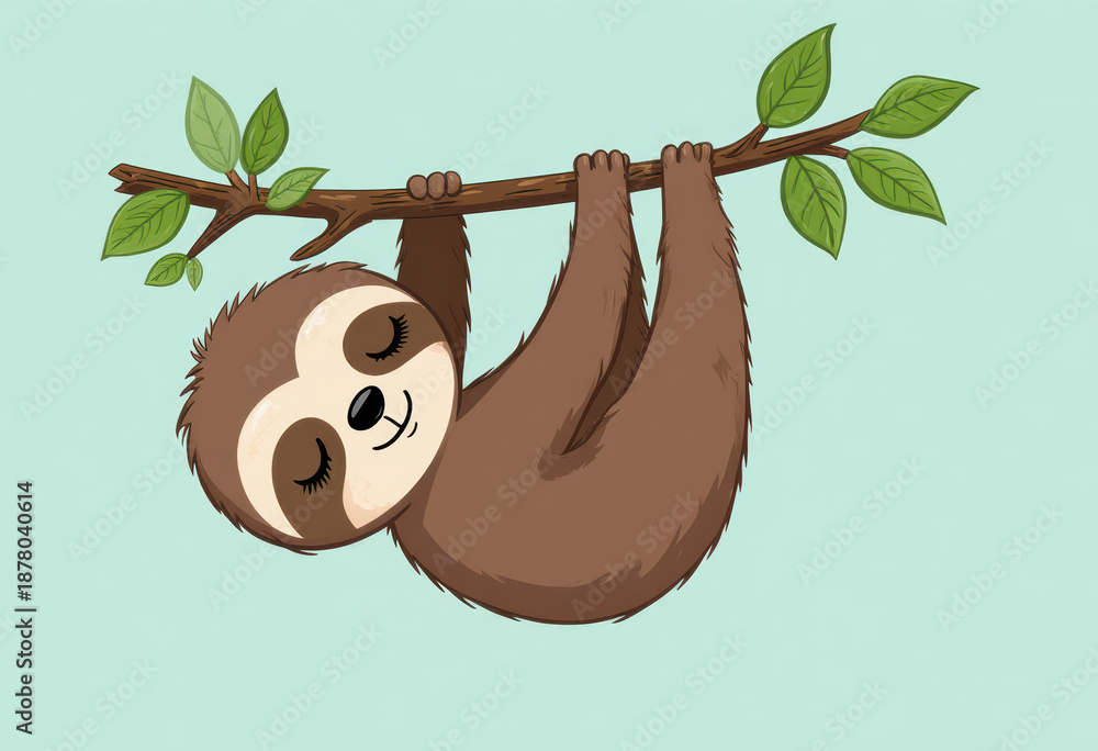 Fototapeta premium Sloth hanging from tree branch with green leaves